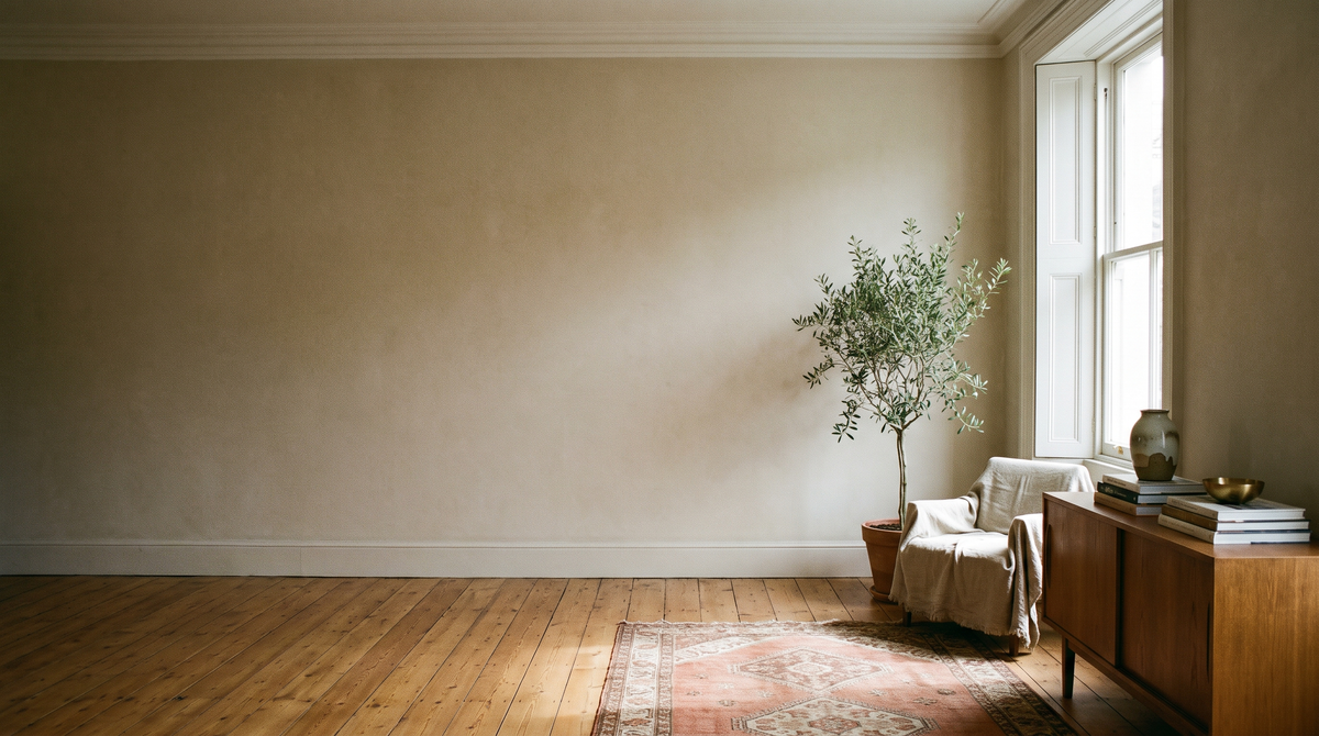 A calm, lived in English living room in morning light