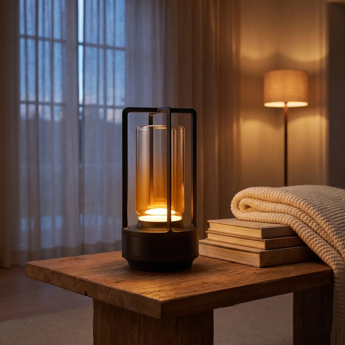 Morven Lantern cordless lamp lit on a side table beside a window in the evening