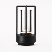 Morven Lantern cordless lamp in black, lit, front view on a plain background