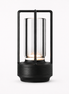 Morven Lantern cordless lamp in black, lit, front view on a plain background