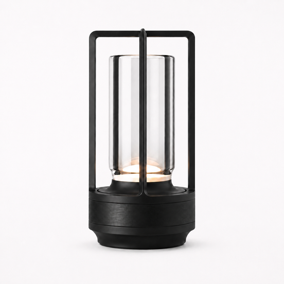 Morven Lantern cordless lamp in black, lit, front view on a plain background