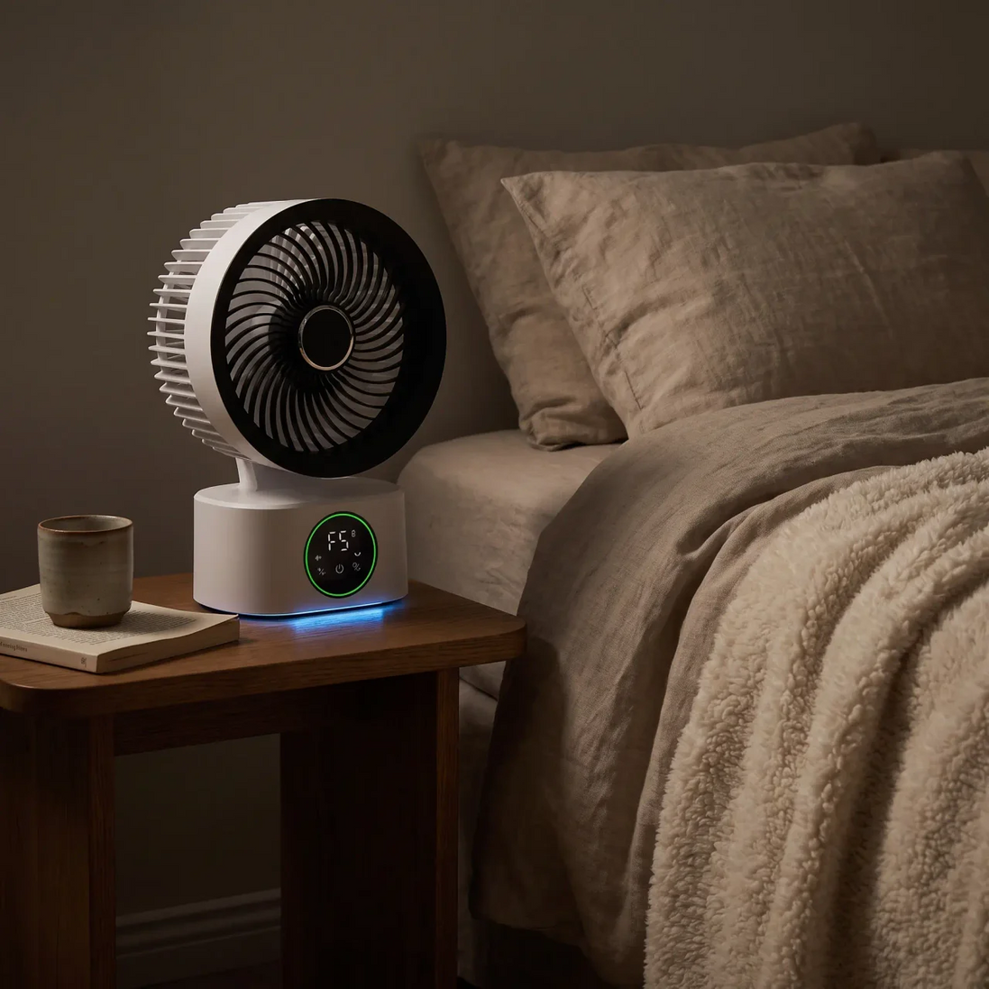 Morven Drift desk fan on a bedside table in a dim bedroom at night