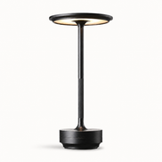 Morven Beam cordless table lamp in black, lit, front view on a plain background