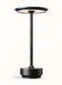 Morven Beam cordless table lamp in black, lit, front view on a plain background