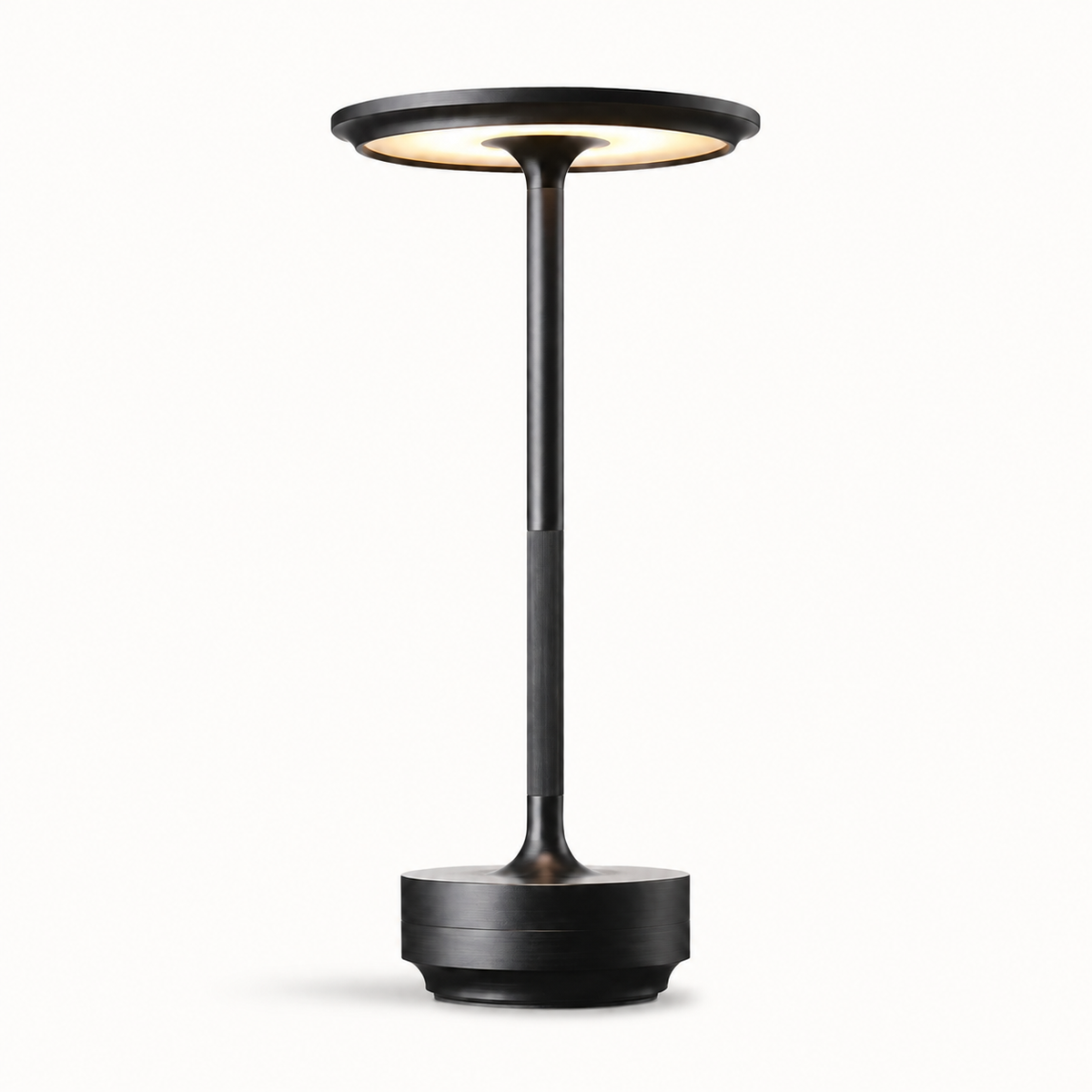 Morven Beam cordless table lamp in black, lit, front view on a plain background