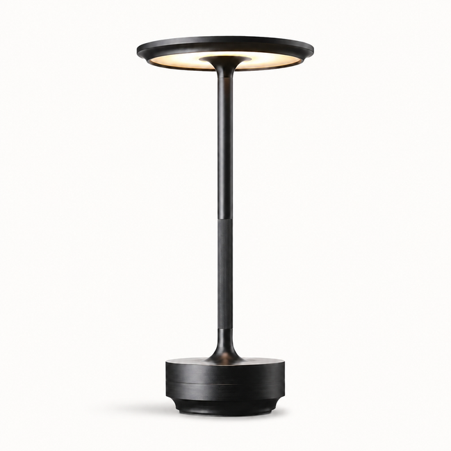 Morven Beam cordless table lamp in black, lit, front view on a plain background