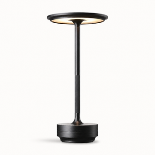Morven Beam cordless table lamp in black, lit, front view on a plain background
