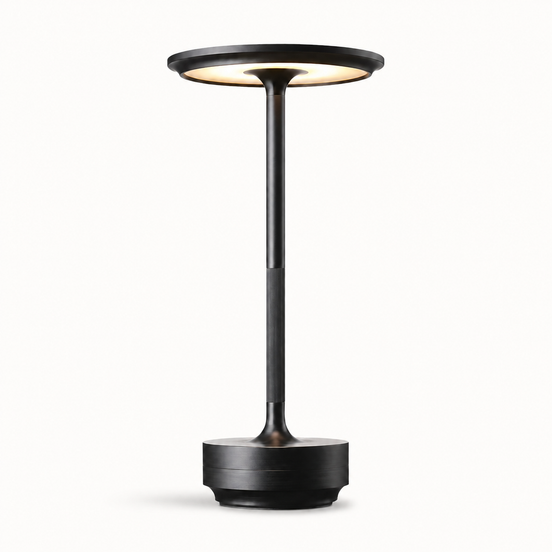 Morven Beam cordless table lamp in black, lit, front view on a plain background
