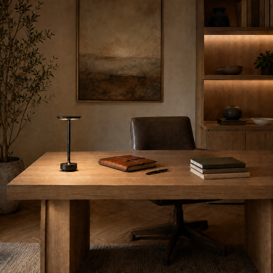Morven Beam cordless lamp lit on a wooden desk in a dark room