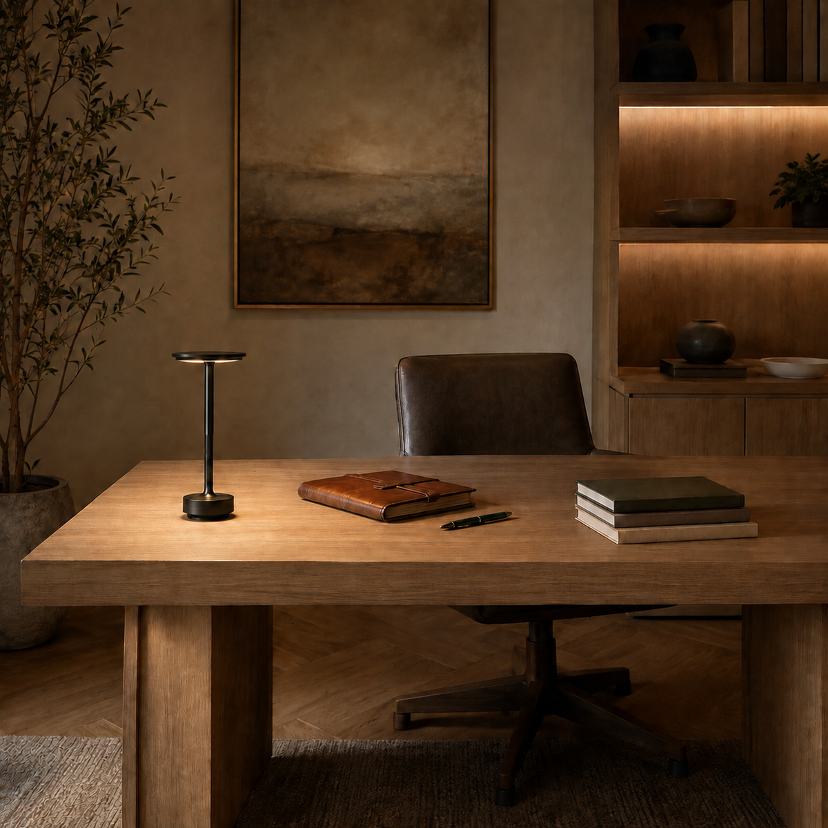 Morven Beam cordless lamp lit on a wooden desk in a dark room