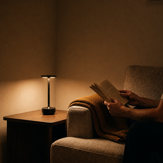 Morven Beam cordless lamp lit on a side table beside a sofa at night