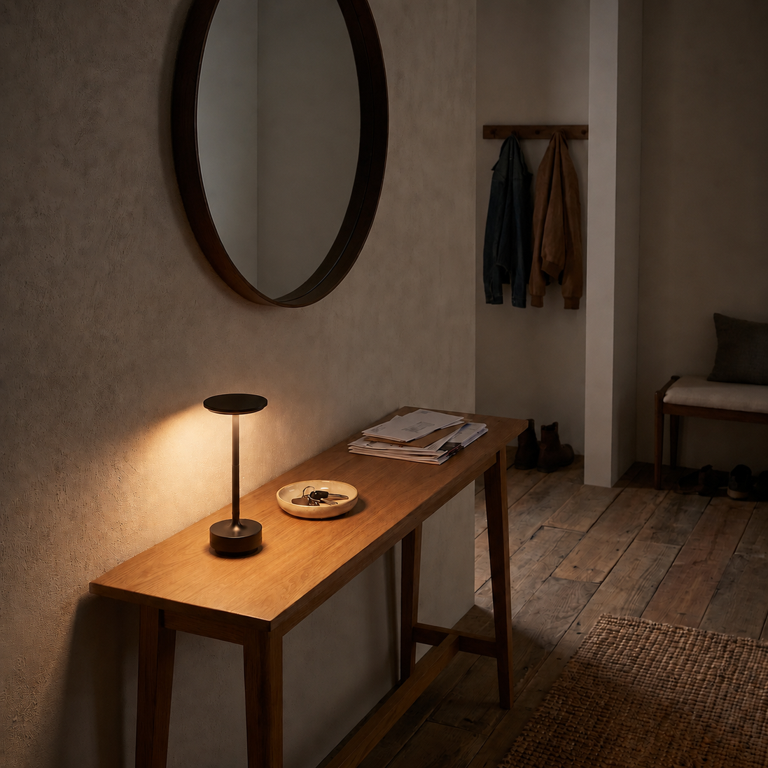 Morven Beam cordless lamp lit on a hallway console table below a round mirror