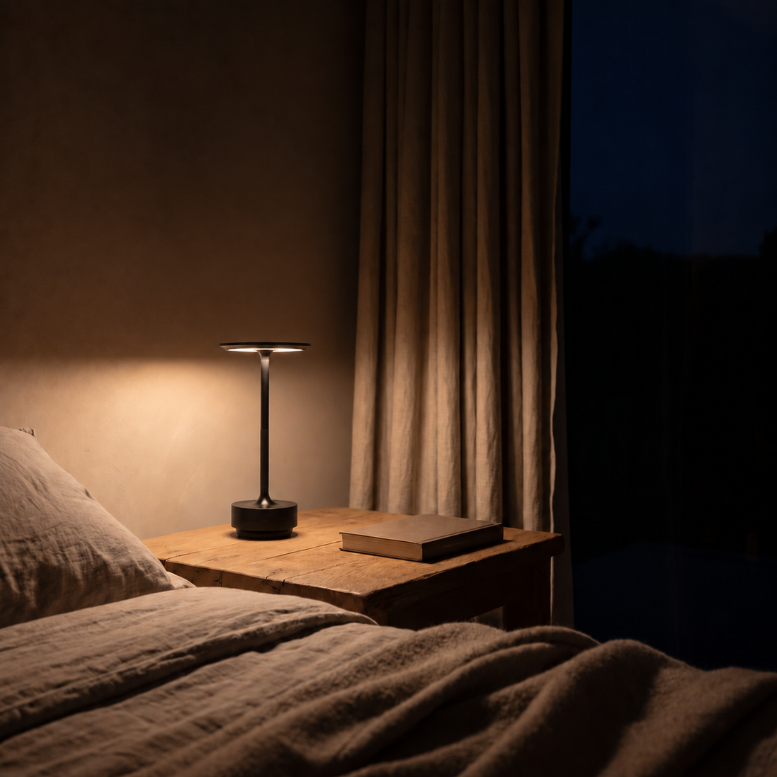 Morven Beam cordless table lamp in black, switched on beside a book on a wooden bedside table in a dim bedroom at night