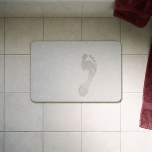 Morven Cairn stone bath mat on a tiled bathroom floor with a damp footprint drying on it
