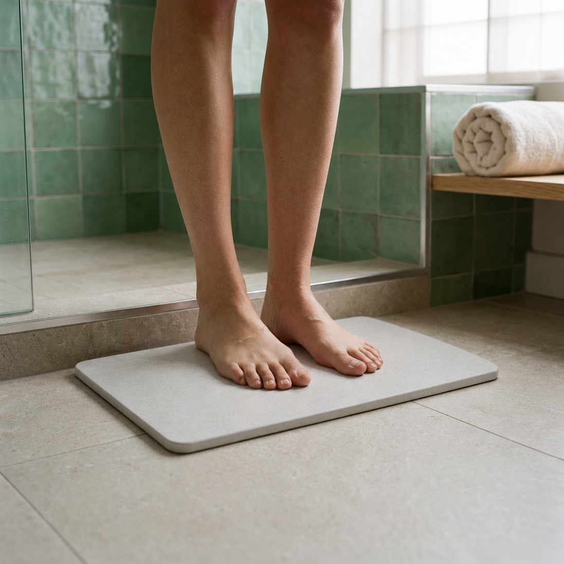 Bare feet standing on the Morven Cairn stone bath mat in a bathroom
