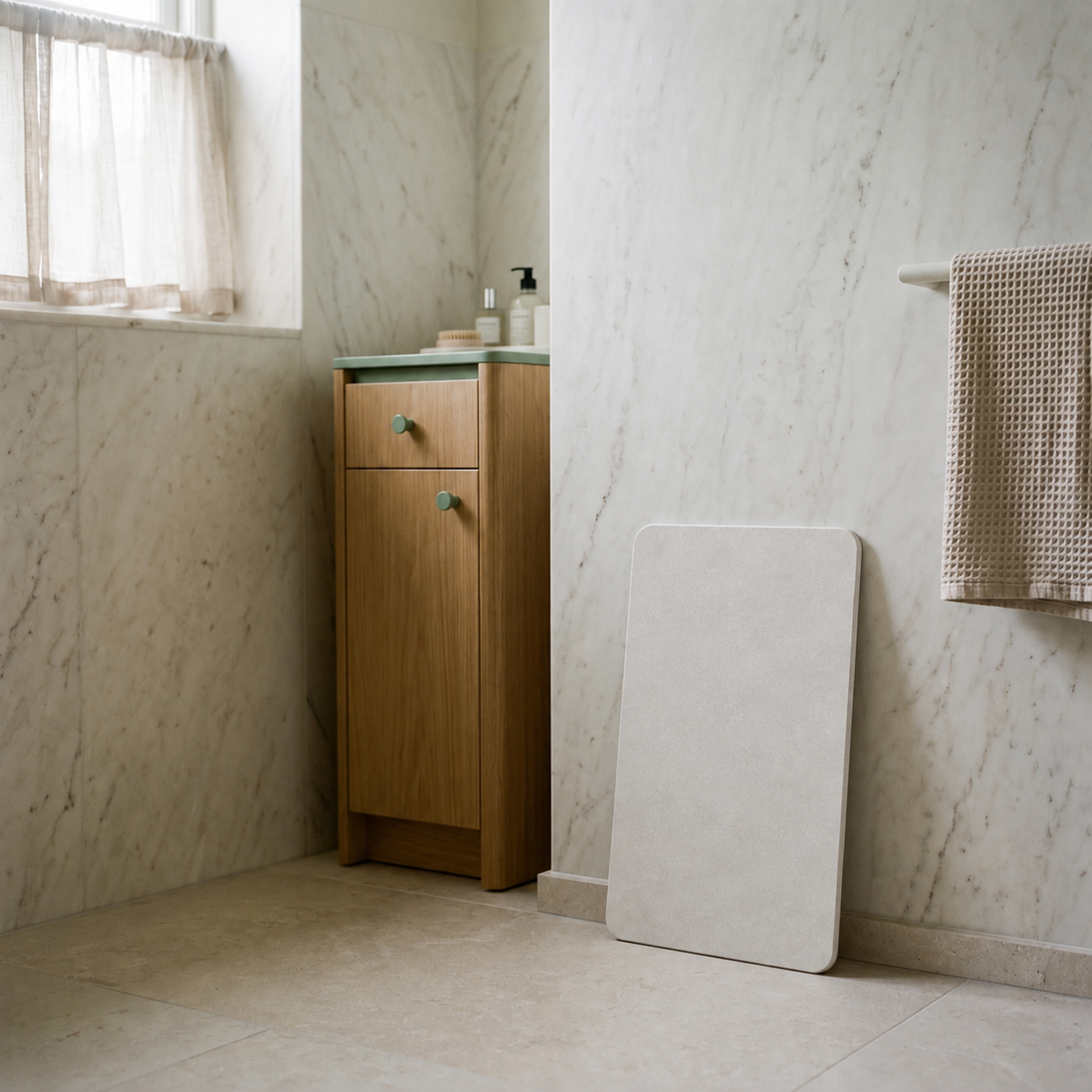 Morven Cairn stone bath mat stood on its edge against a bathroom wall