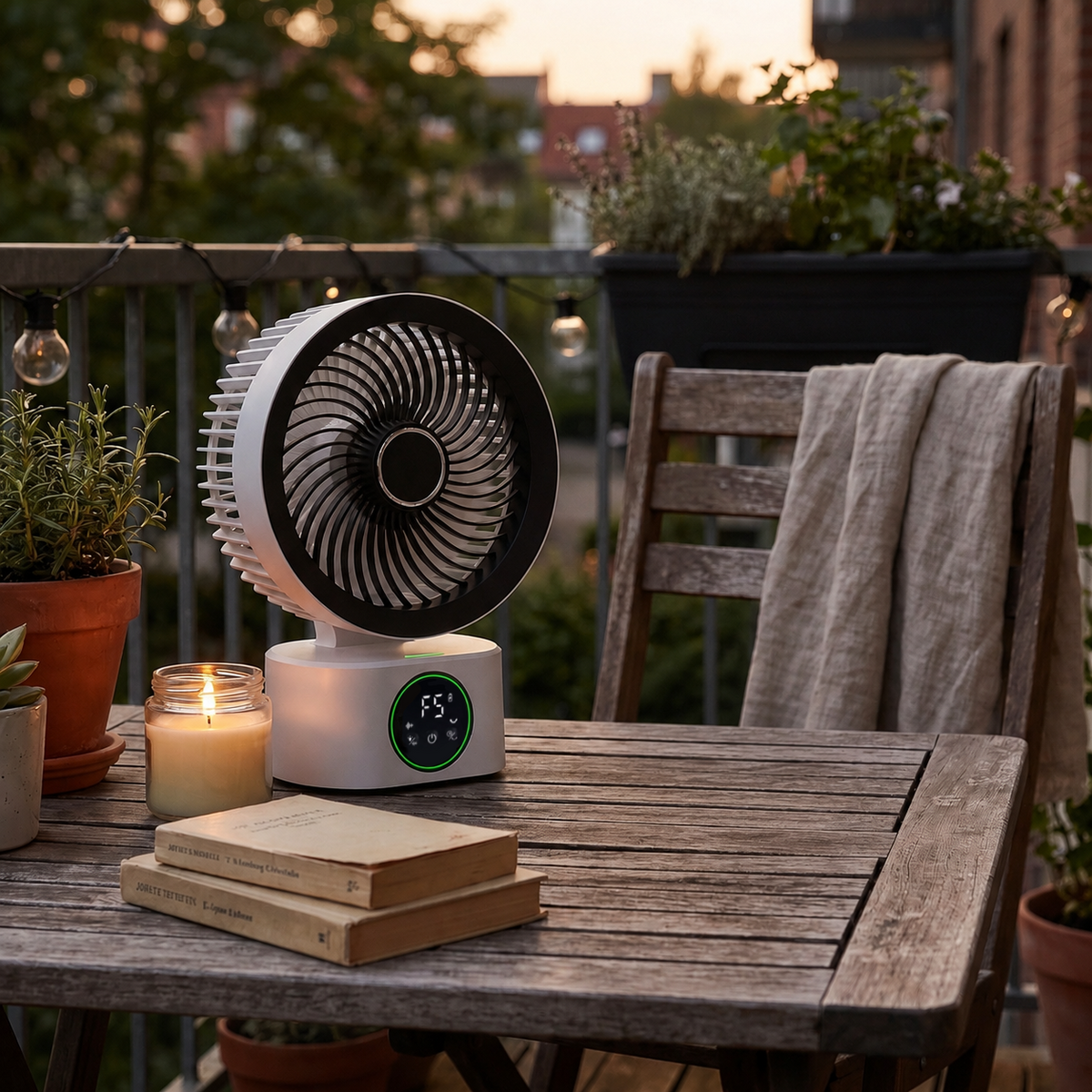 Morven Drift desk fan on a table beside books in a garden room