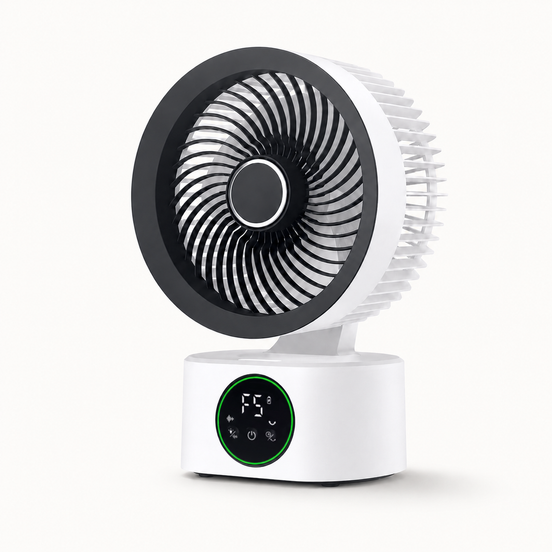 Morven Drift rechargeable desk fan in white, front view on a plain background