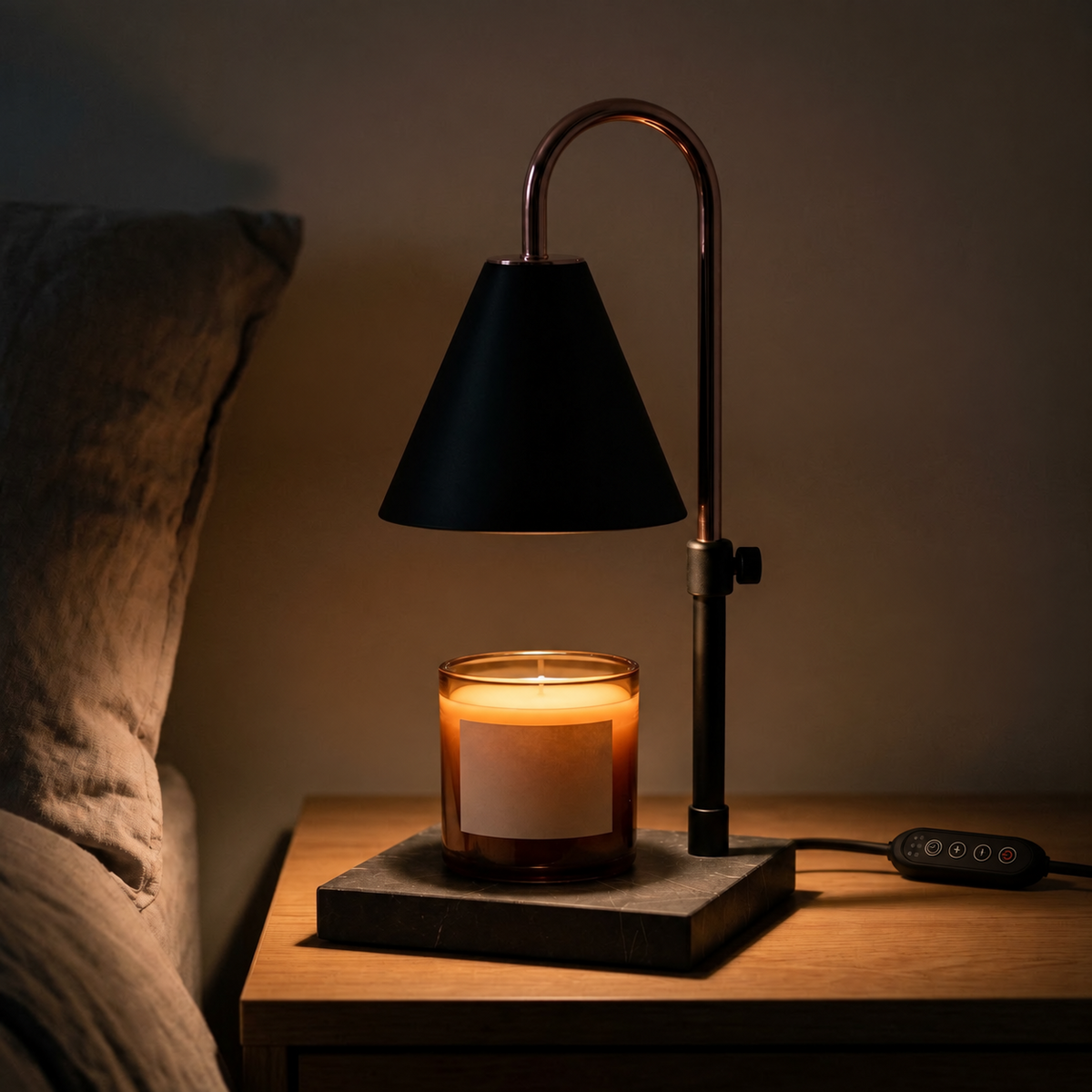 Morven Everglow candle warmer lamp lit on a bedside table at night