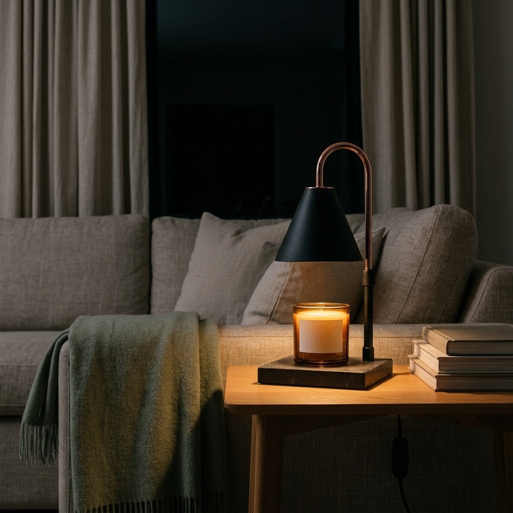 Morven Everglow candle warmer lamp lit on a side table beside a sofa