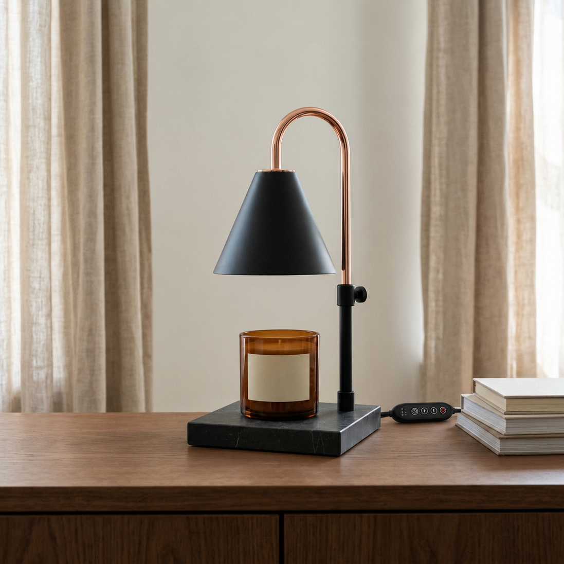 Morven Everglow candle warmer lamp lit on a wooden table beside books