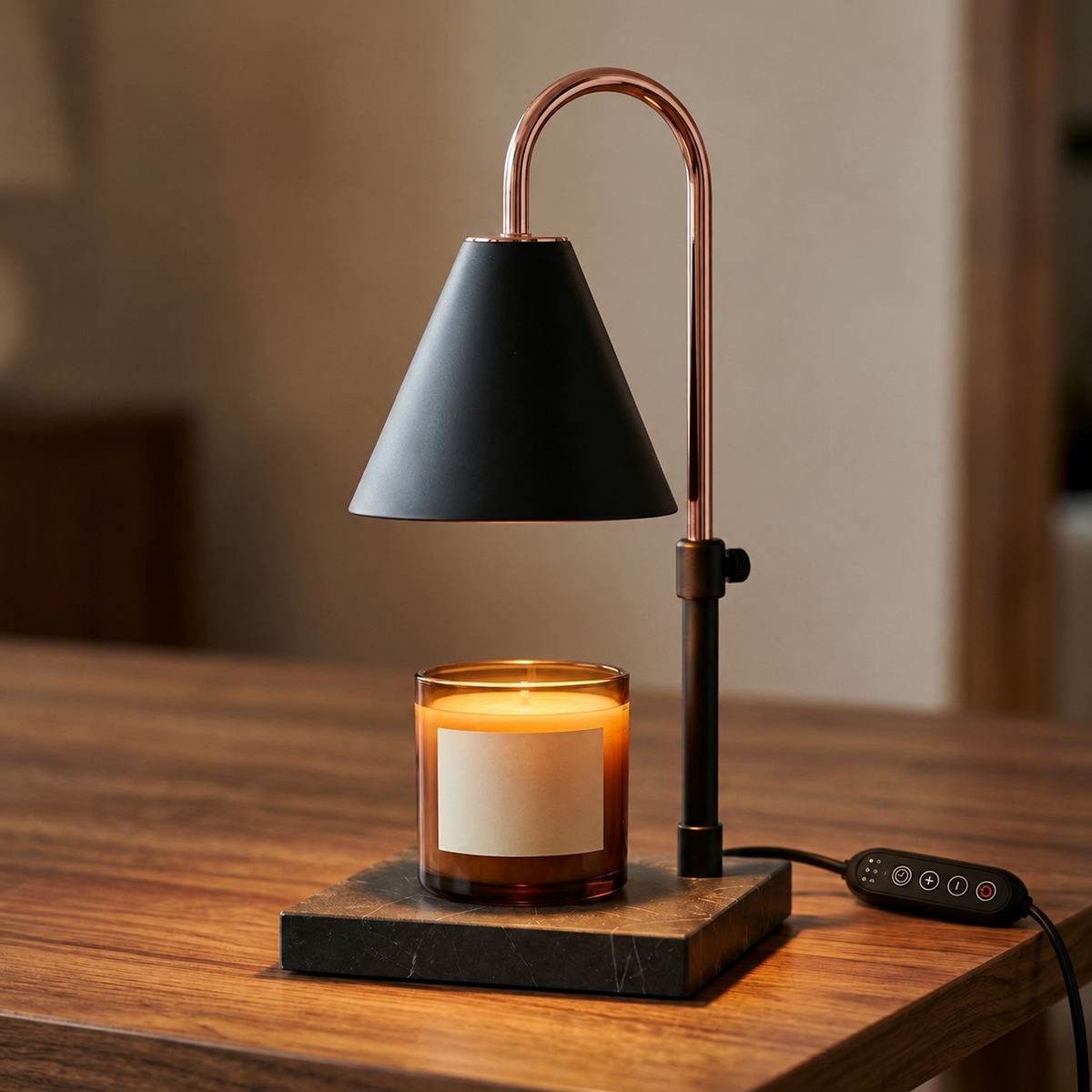 Close view of the Morven Everglow candle warmer lamp melting a candle below its shade