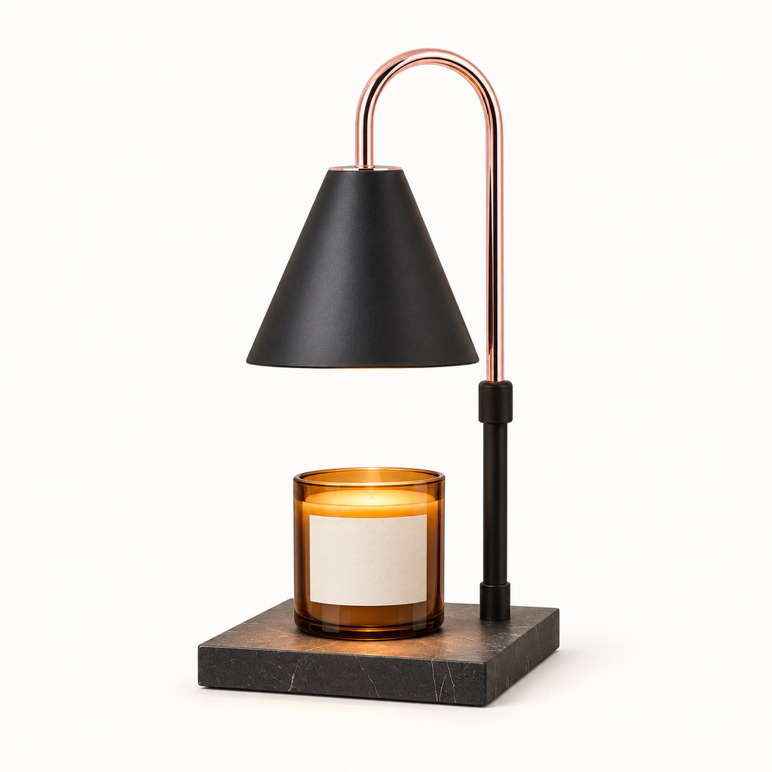Morven Everglow candle warmer lamp in black, lit above a candle, on a plain background