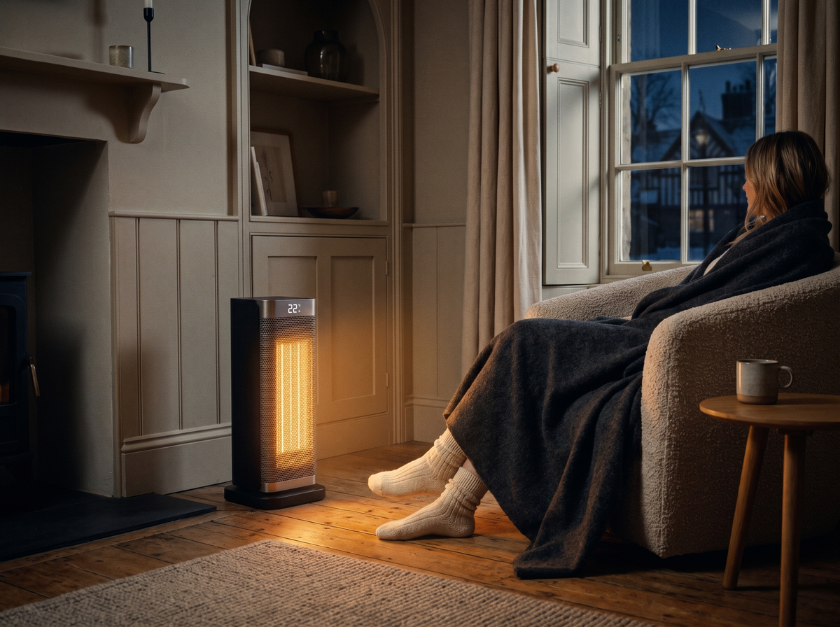 Woman settled in an armchair with a wool blanket beside the Morven Ingleside space heater