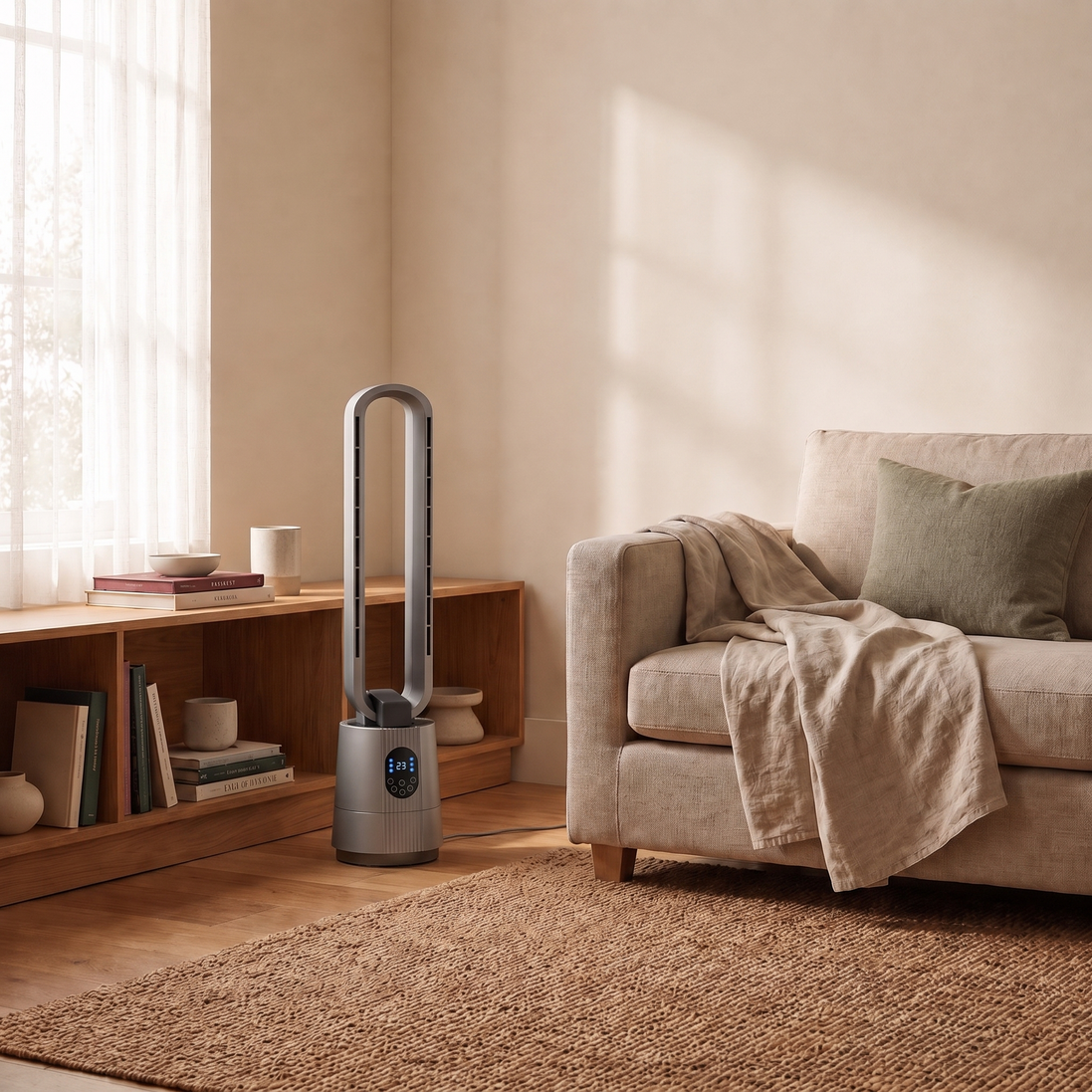 Morven Glide tower fan standing on a rug beside a sofa in a living room