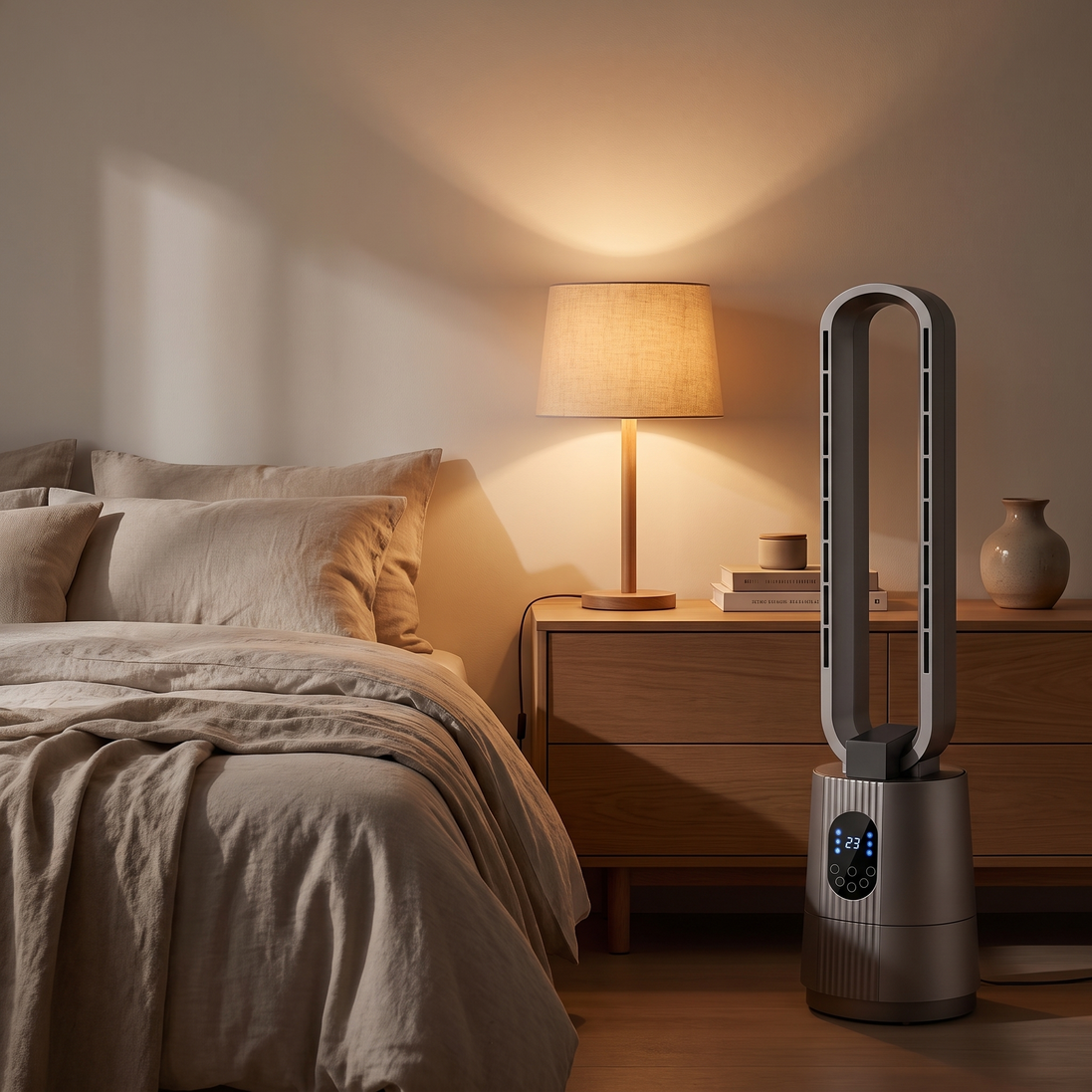 Morven Glide tower fan beside a bed in a warmly lit bedroom
