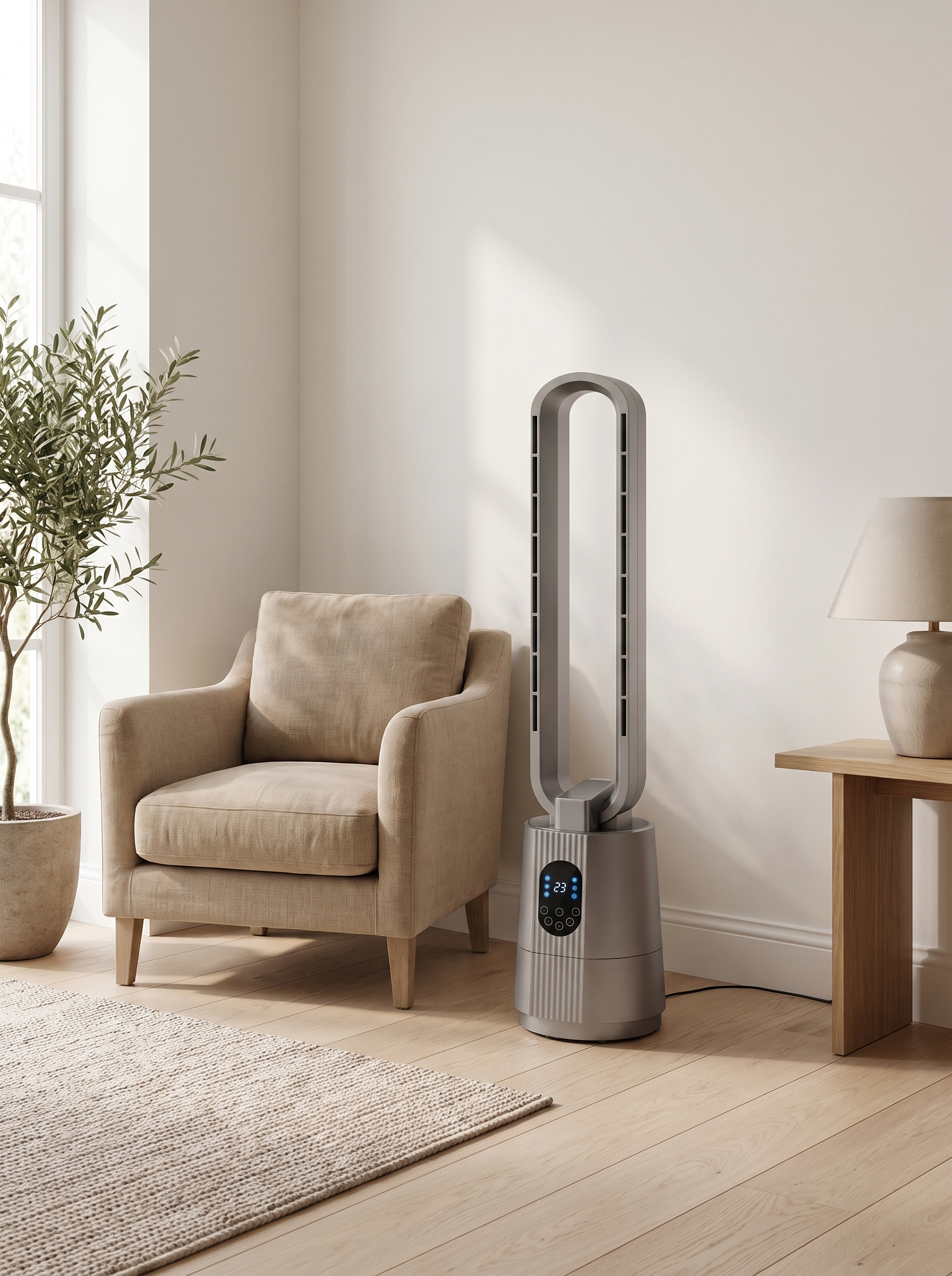 
              Morven Glide bladeless tower fan in the corner of a calm living room
            
