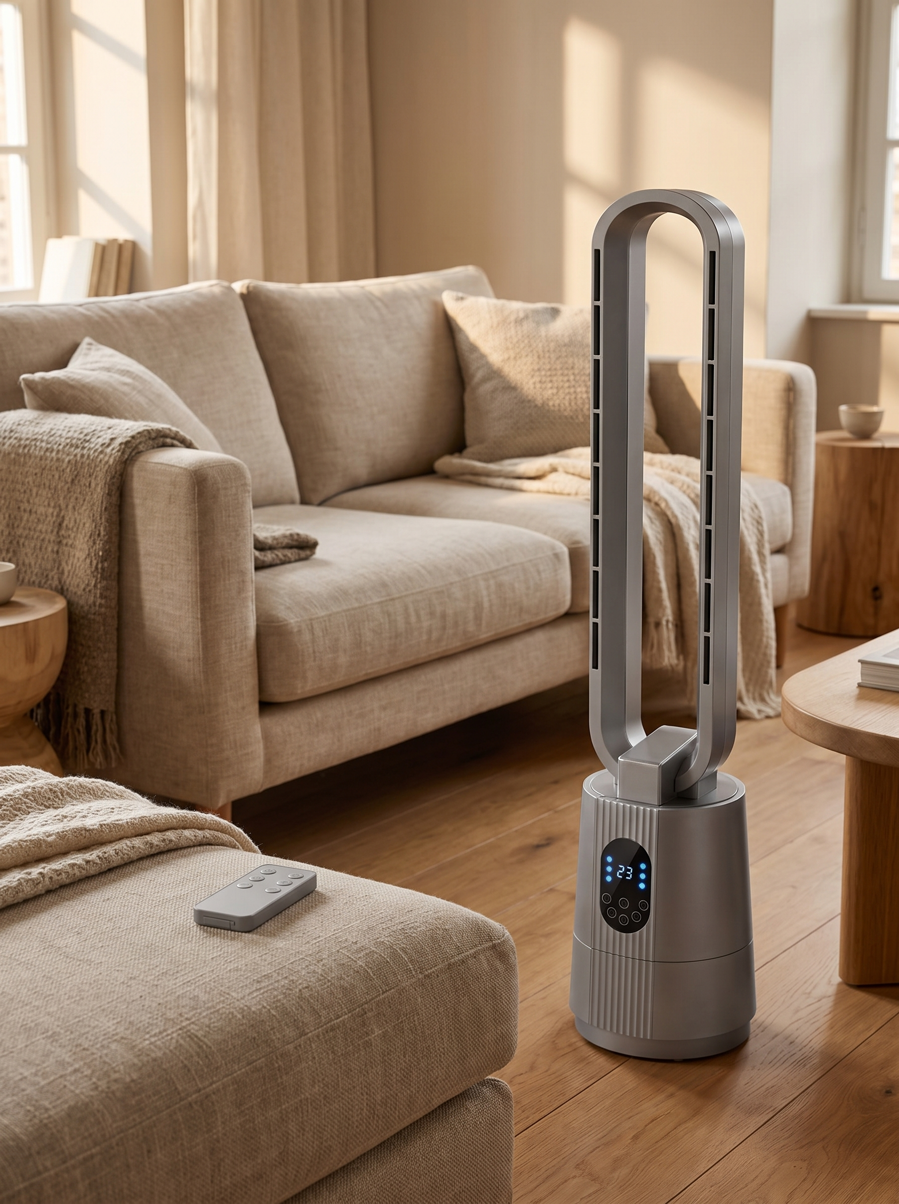 
              Morven Glide bladeless tower fan across a living room with its remote on the sofa
            