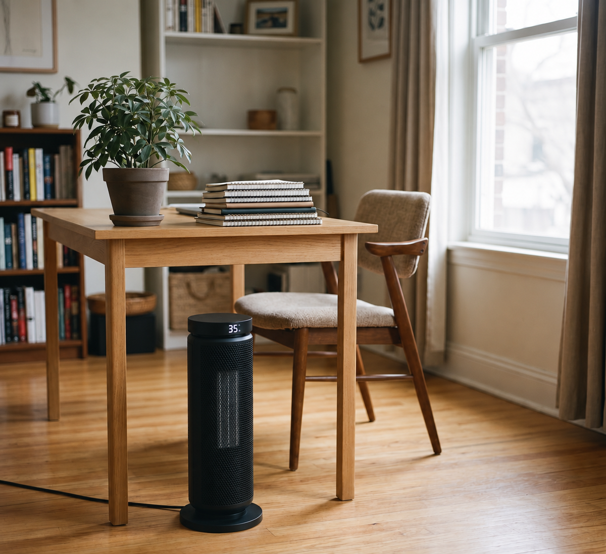Morven Hearth space heater beside a dining table by a window