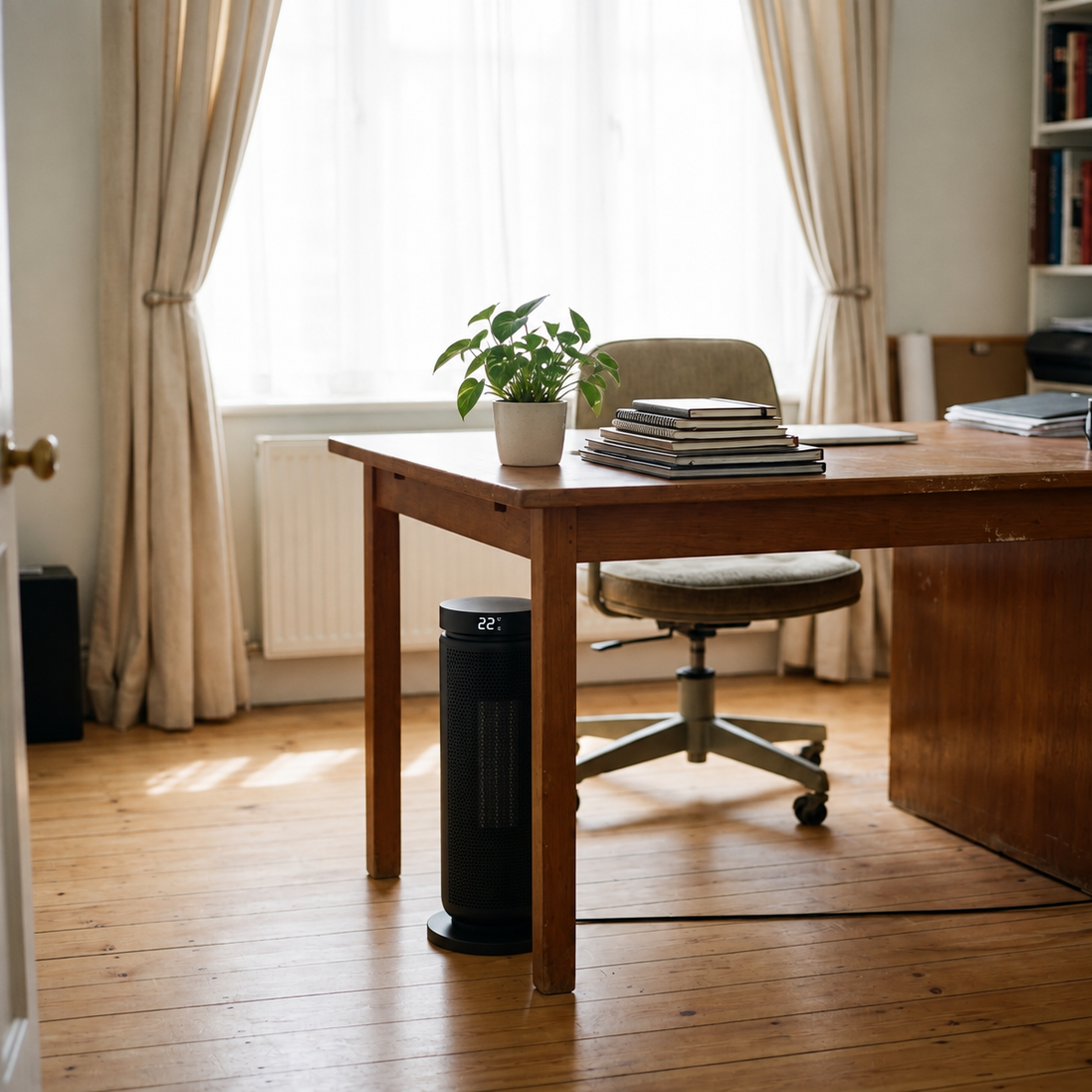Morven Hearth space heater beside a desk in a home office