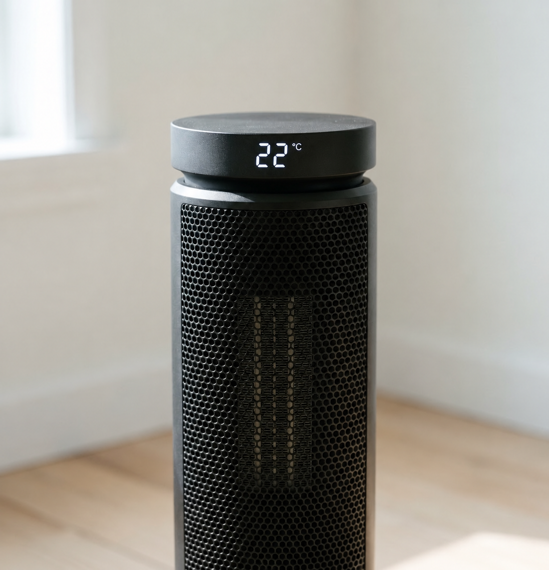 Close view of the Morven Hearth space heater showing its temperature display