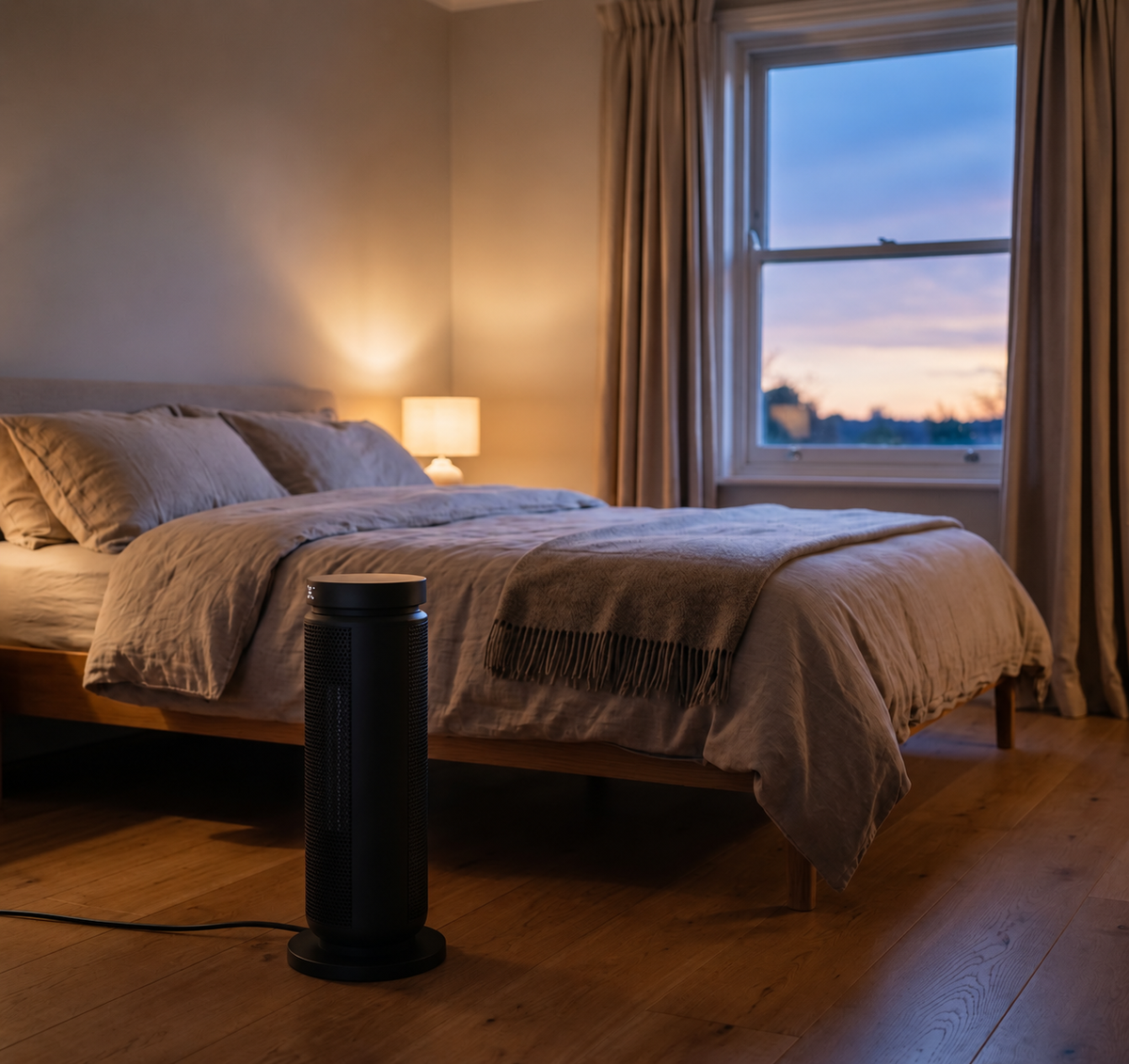 Morven Hearth space heater beside a bed in a bedroom at dusk