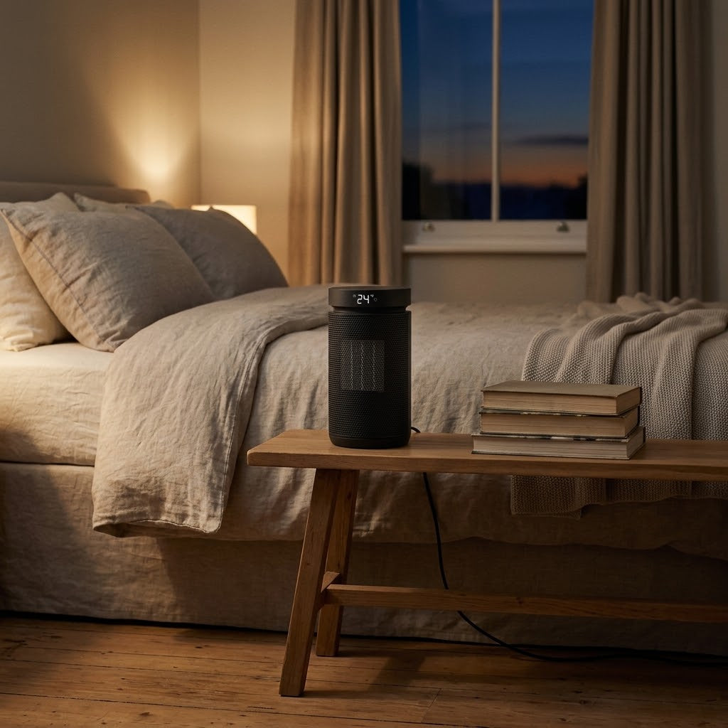 Morven Hearth Compact space heater beside a sofa and coffee table in the evening