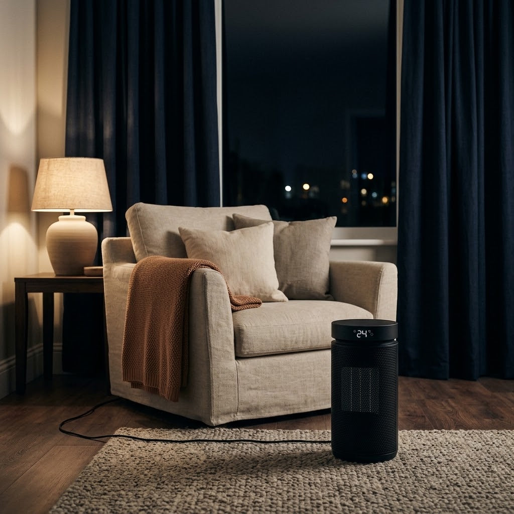 Morven Hearth Compact space heater beside an armchair in a living room at night