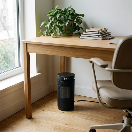 Morven Hearth Compact space heater on the floor beside a desk in a home office
