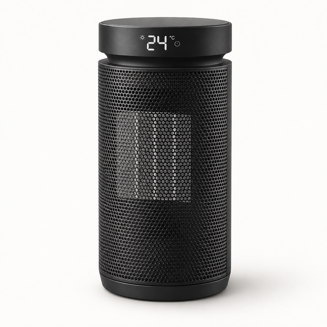 Morven Hearth Compact space heater in black, front view on a plain background