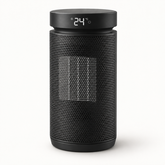 Morven Hearth Compact space heater in black, front view on a plain background