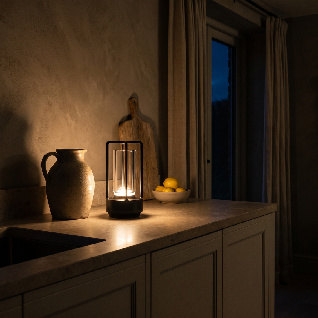 Morven Lantern cordless lamp in black, lit on a kitchen worktop at night