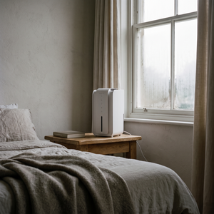 Morven Sprig compact dehumidifier in white on a bedside table beside a misted bedroom window