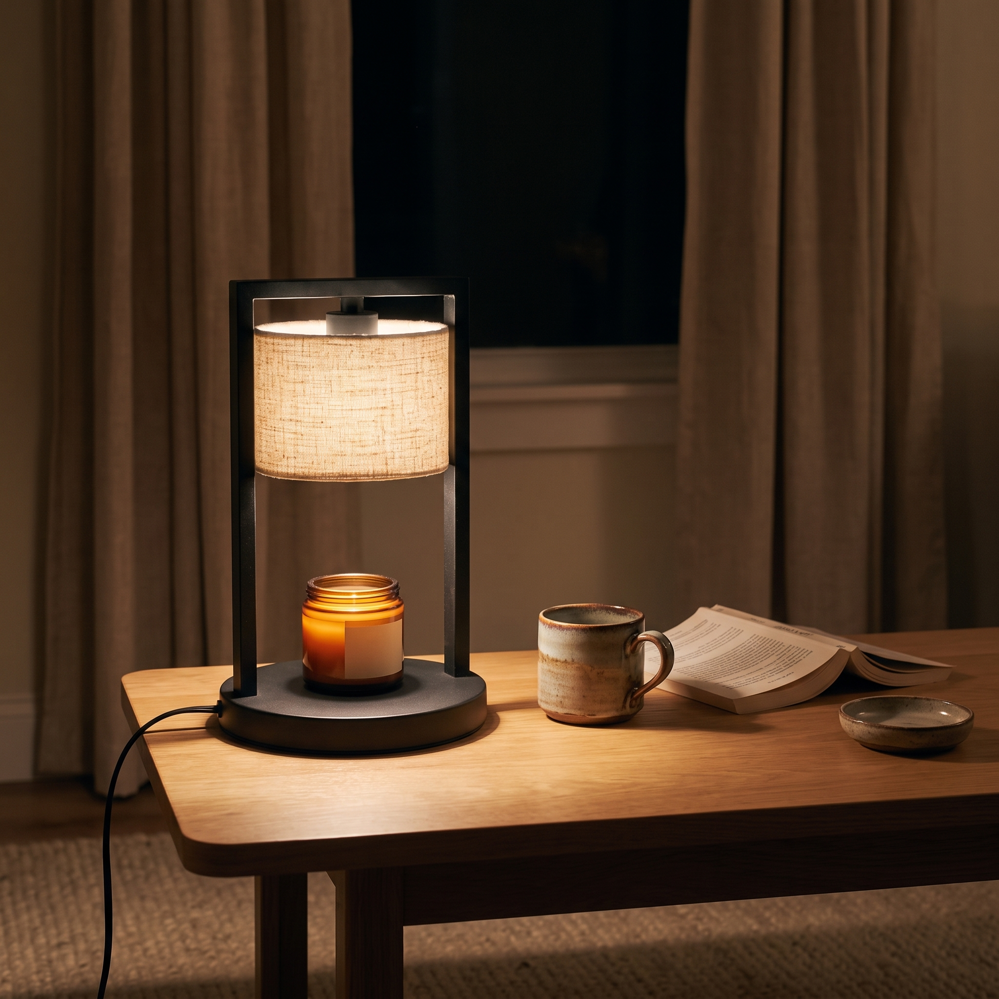 
              Morven Scrim candle warmer lamp on a side table beside a mug, its linen shade giving a soft lamp-like light
            