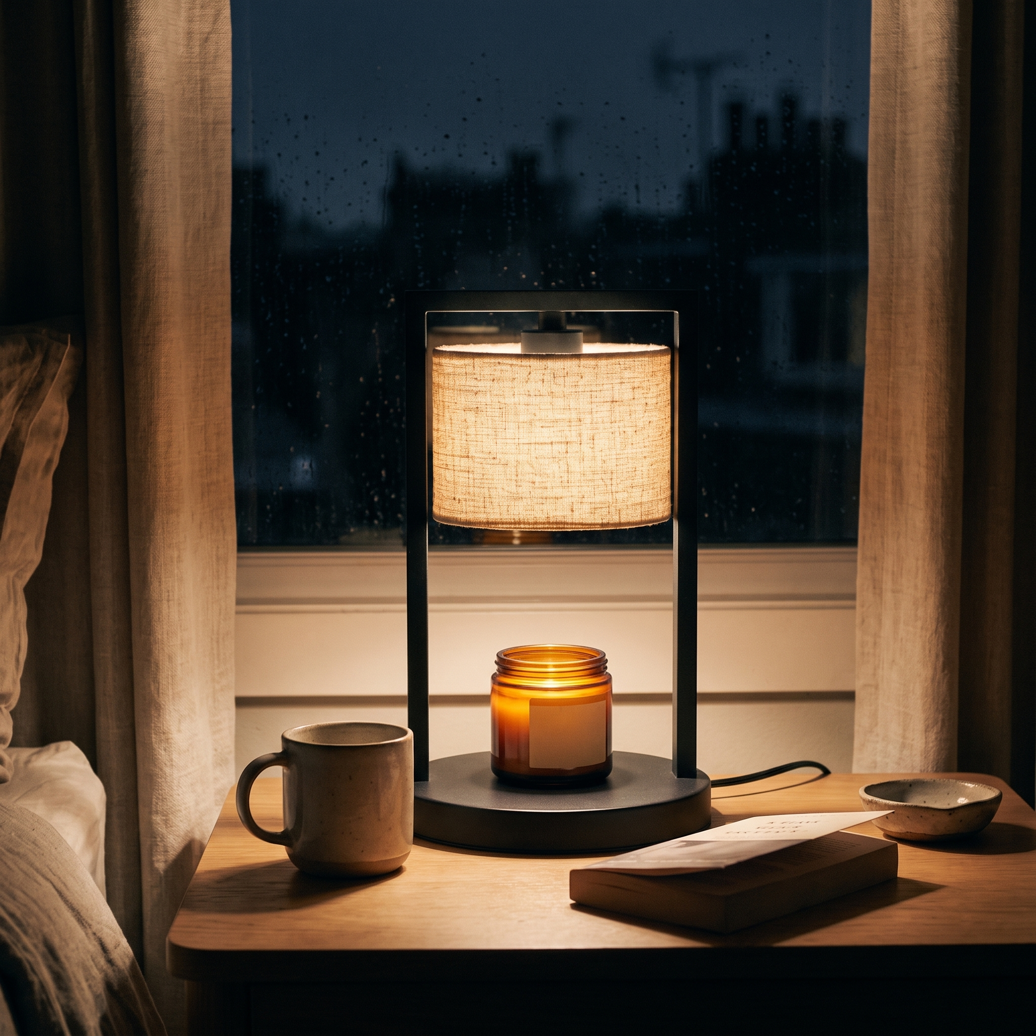 
              Morven Scrim candle warmer lamp lit on a side table at night, warming a candle beneath its linen shade
            