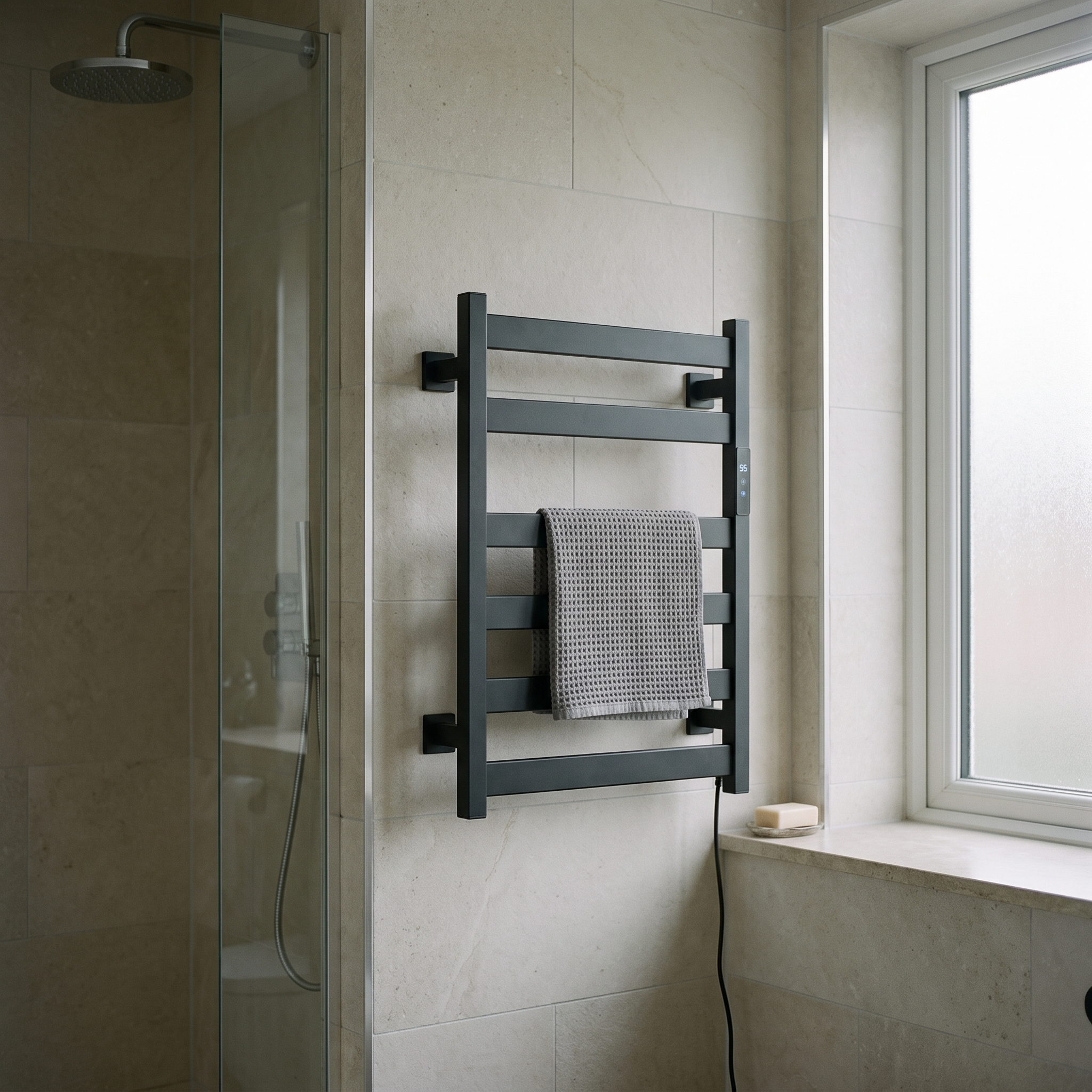 
              Morven Rail heated towel rail mounted on a tiled bathroom wall with a towel over one of its six bars
            