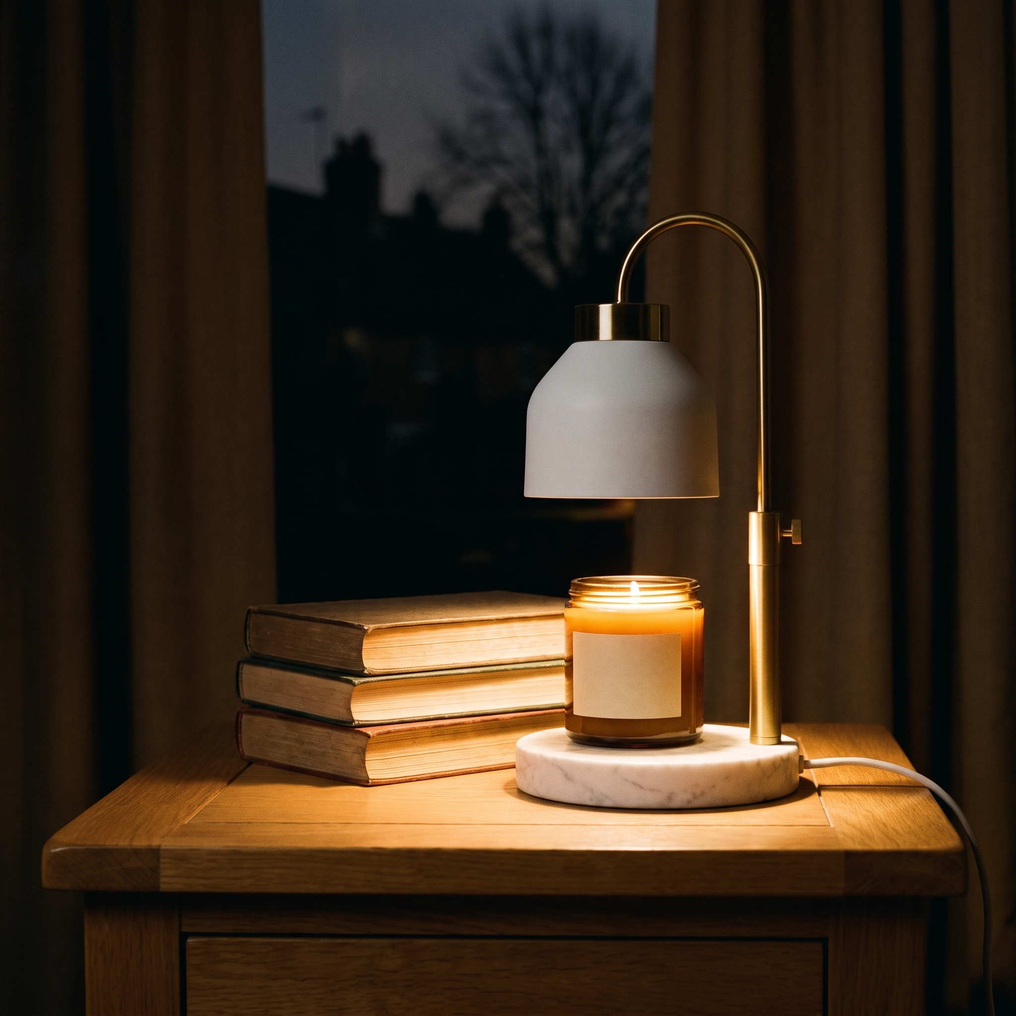 
              Morven Willow candle warmer lamp warming a candle on a side table at night, the jar clean and unmarked
            
