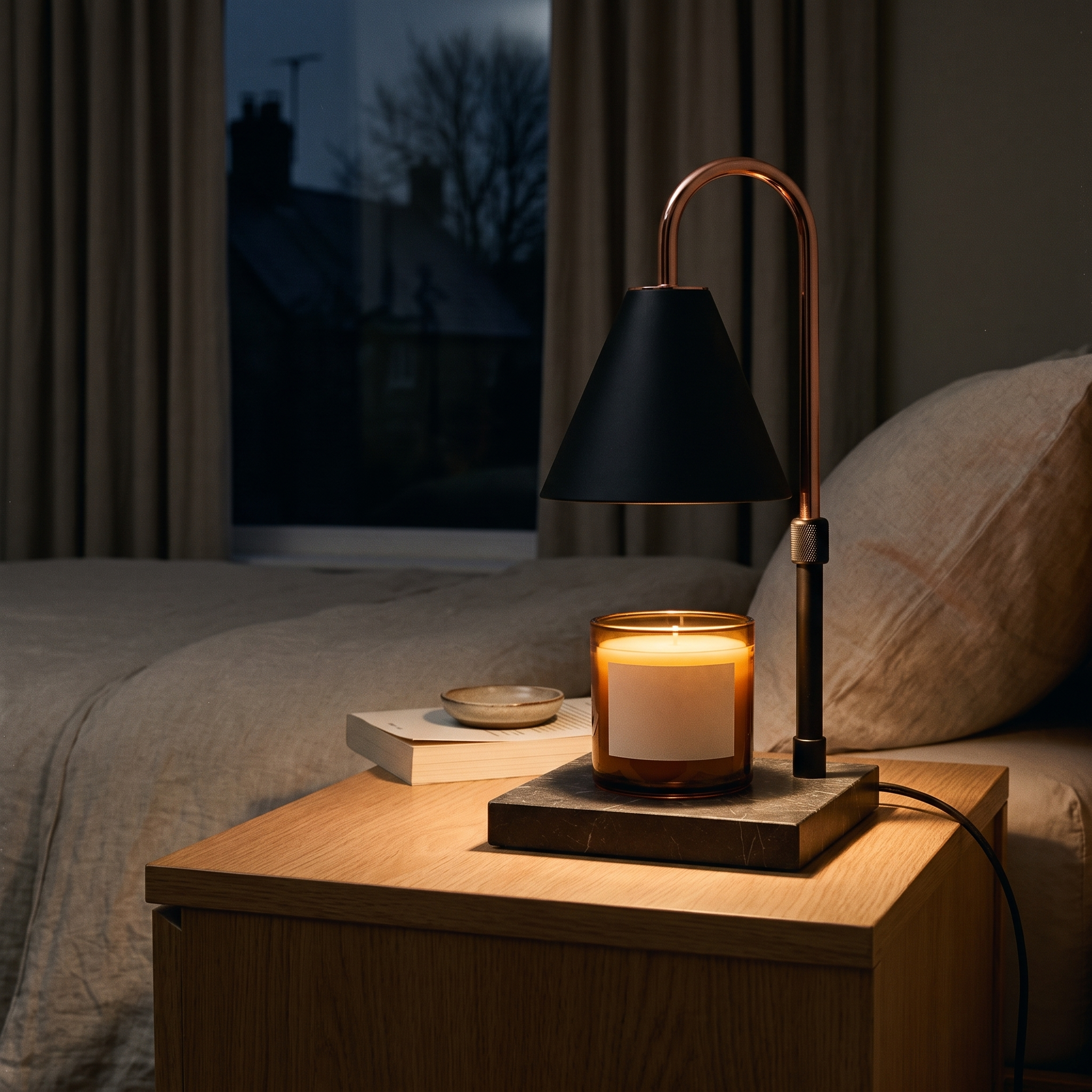 
              Morven Everglow candle warmer lamp on a bedside table, its arm raised over a tall candle jar
            