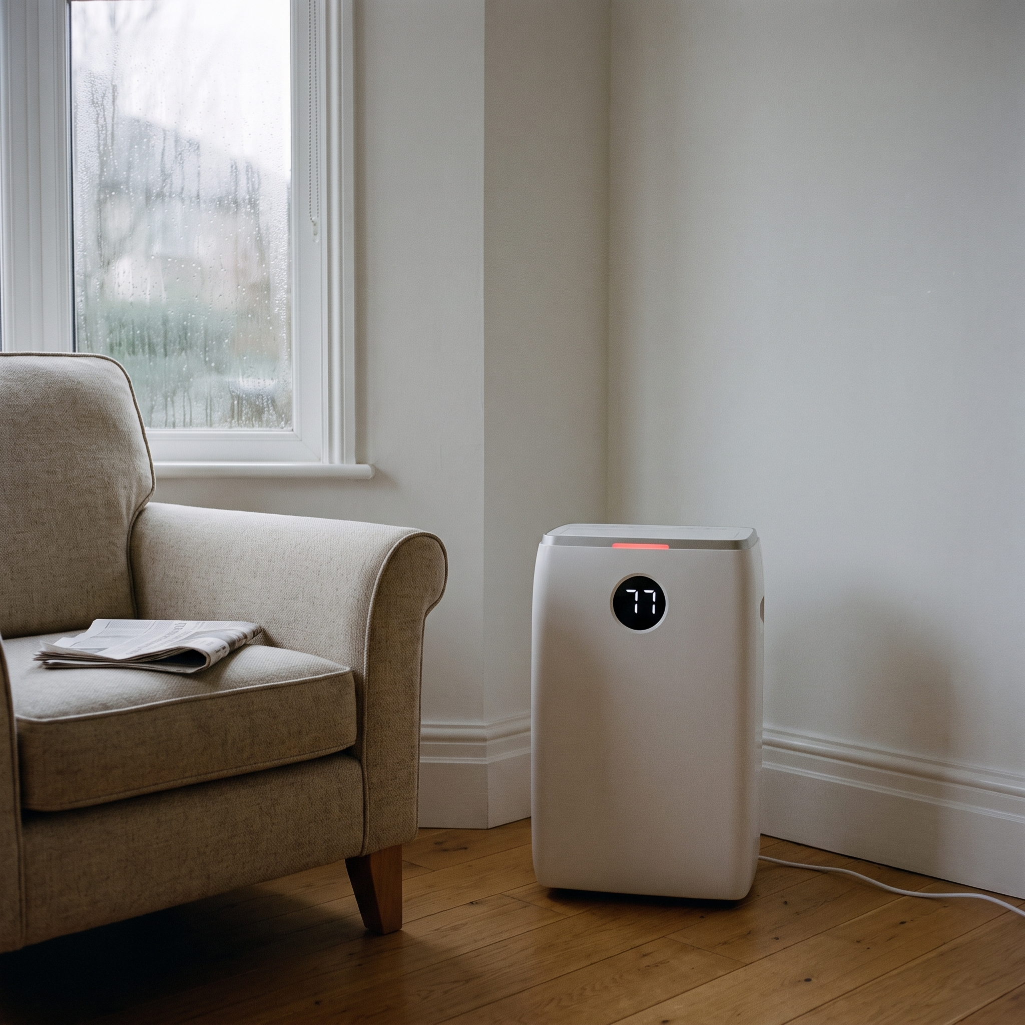 
              Morven Vale dehumidifier standing on the floor beside an armchair in a living room
            