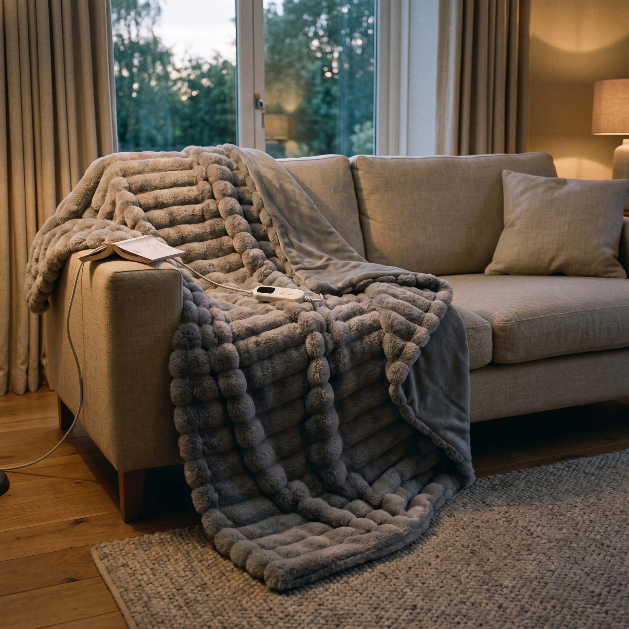 
              Morven Wrap heated throw draped across a sofa in the evening
            
